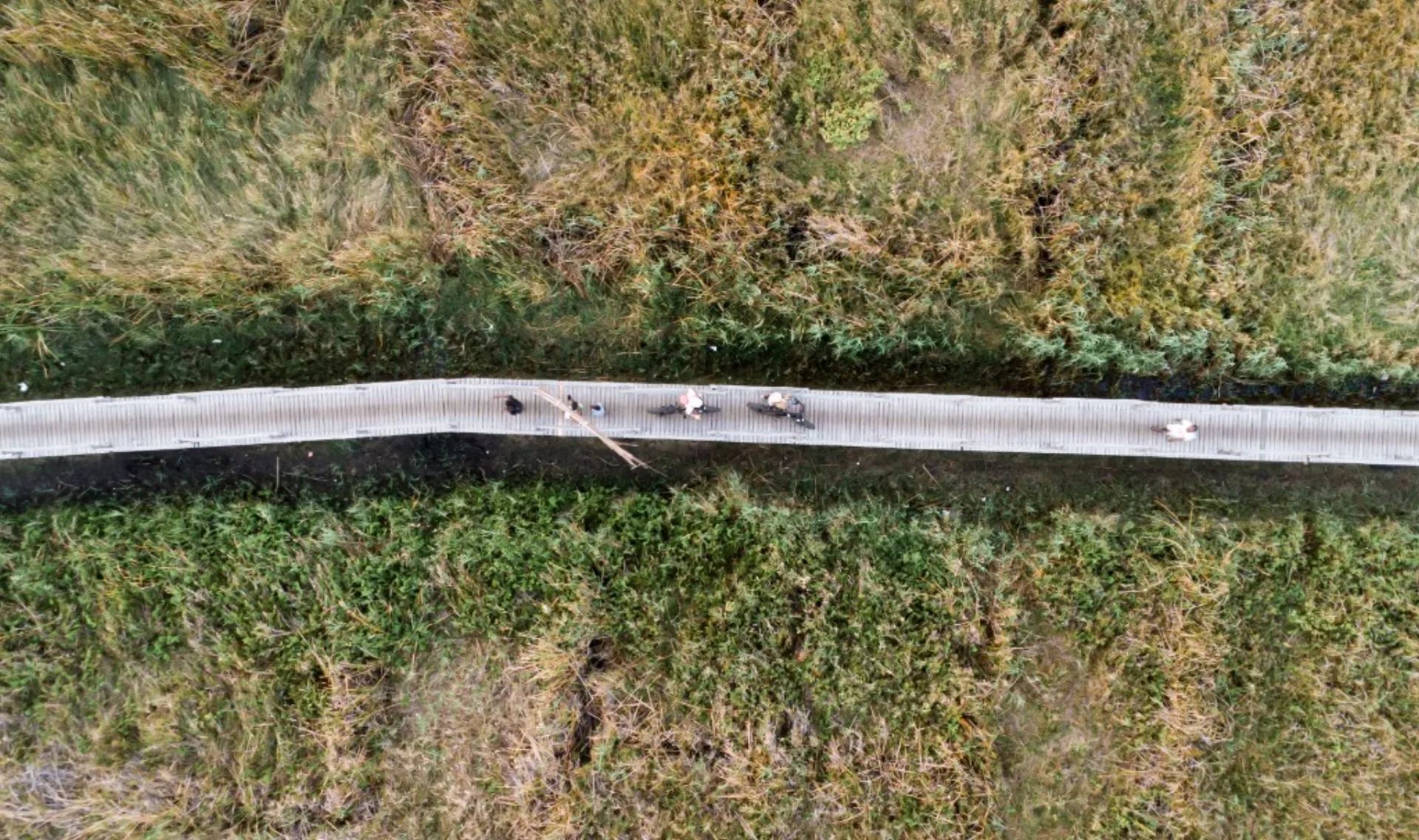 Aerial view of Ebike Tofo Tours riders on a boardwalk path